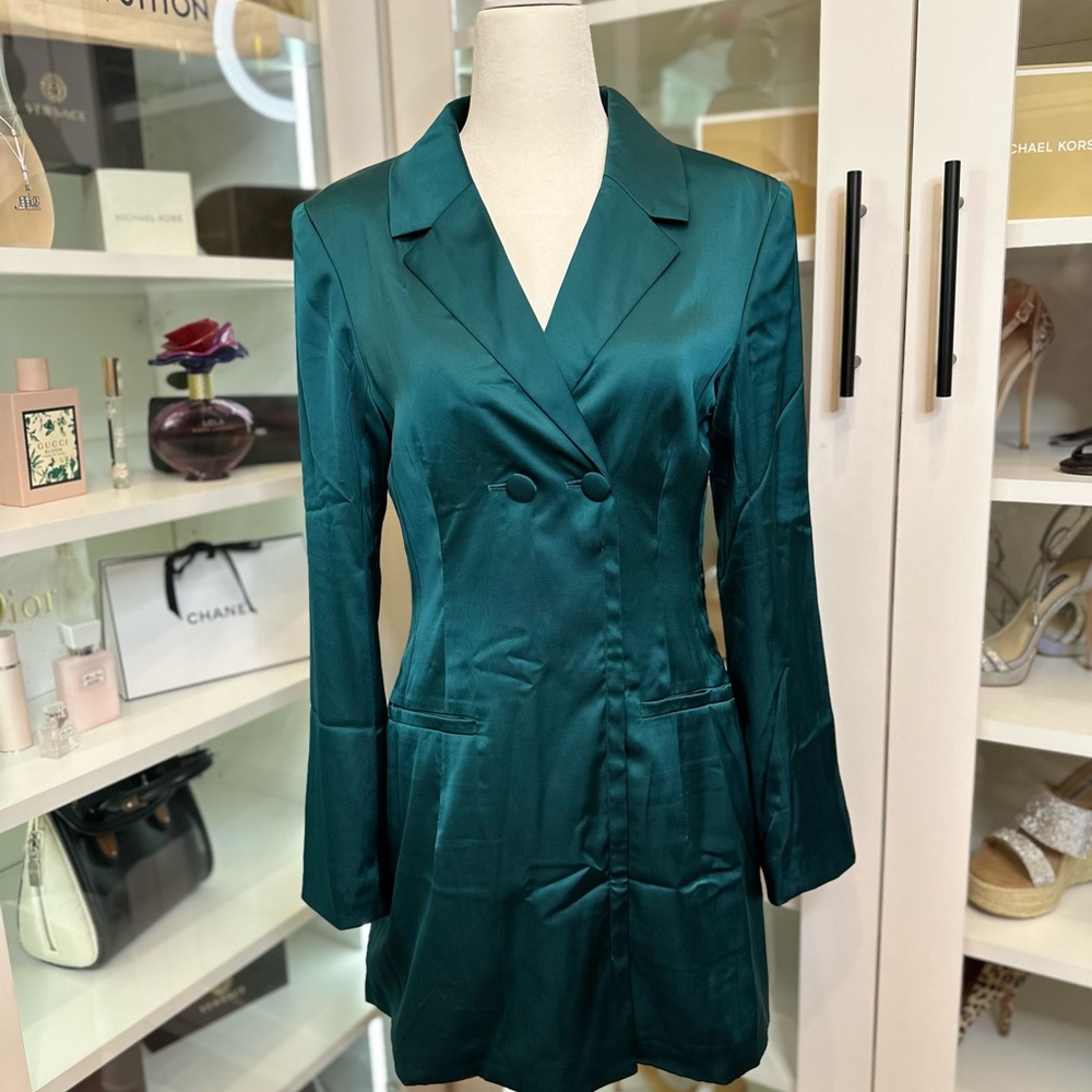 Elegant Teal Double-Breasted Blazer Dress